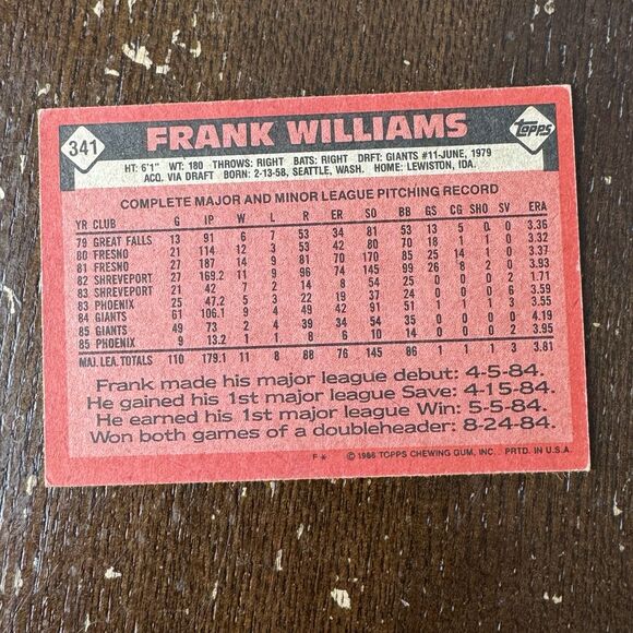 Frank Williams Autograph 1986 Topps In Person #341 San Francisco Giants IP Sign - Picture 2 of 2